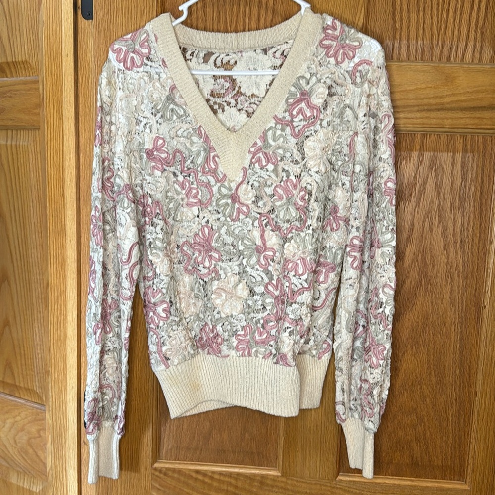 Vintage Agatha for Jack Donsky Lace Floral V Neck Sweater, pink & cream, size 14